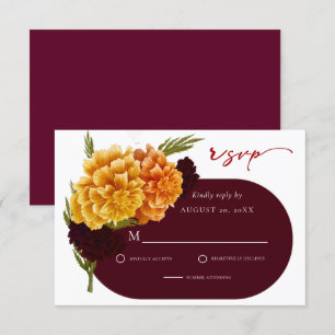 Elegante Burgundy Red Watercolor MARIGOLD Wedding RSVP Karte