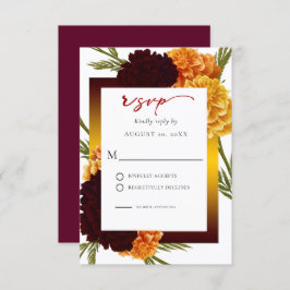 Elegante Burgundy Red Watercolor MARIGOLD Wedding RSVP Karte