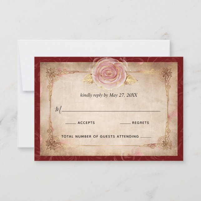 Elegante Burgundy Rosa Rose Gold Rustikale Hochzei RSVP Karte (Vorderseite)