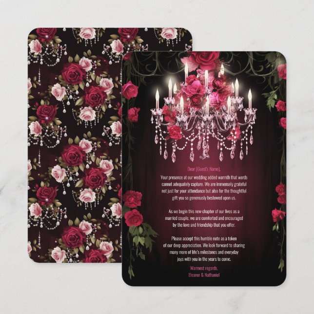 Elegante Burgundy Rose Chandelier Wedding Dankeskarte (Vorne/Hinten)