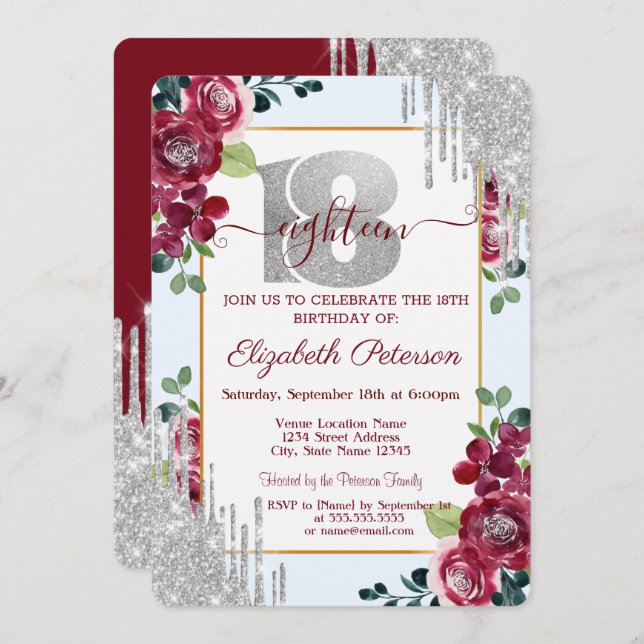 Elegante Burgundy Rose Glitzer Tropfen Einladung (Vorne/Hinten)