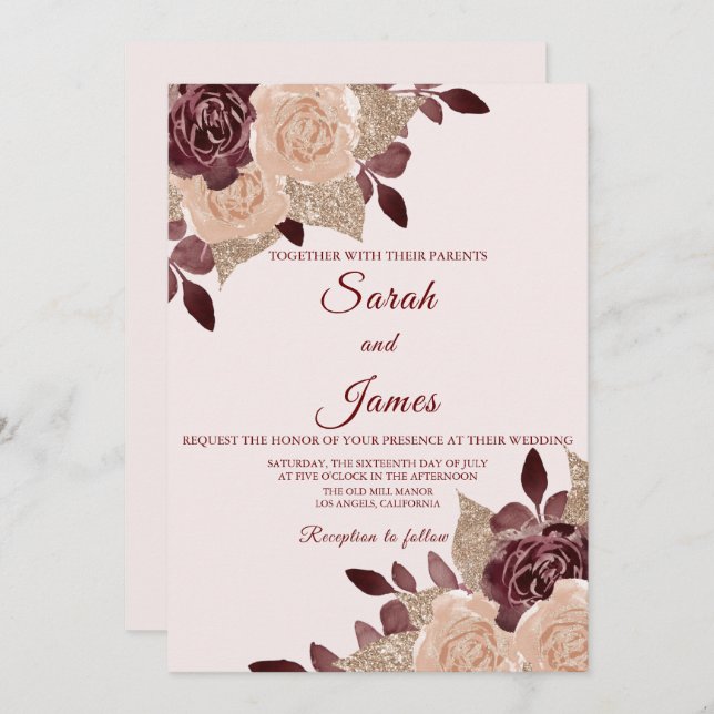 Elegante Burgundy Rose Gold Glitzer Blumenhochzeit Einladung (Vorne/Hinten)