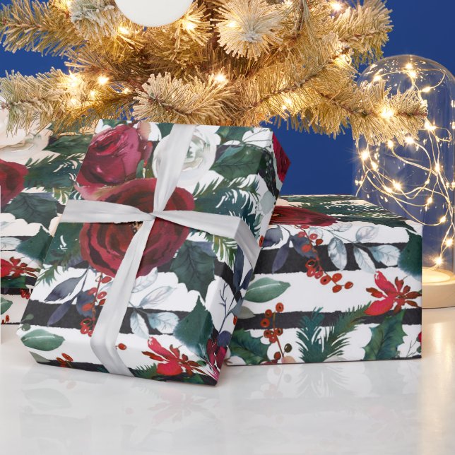 Elegante Burgundy Rose Grosses Strip Weihnachten Geschenkpapier (Feiertage)