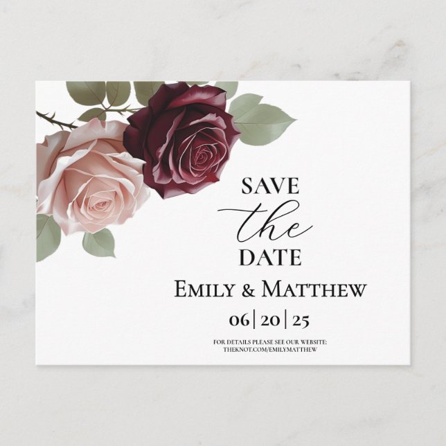 Elegante Burgundy Rose Hochzeit speichern das Datu Ankündigungspostkarte (Vorderseite)