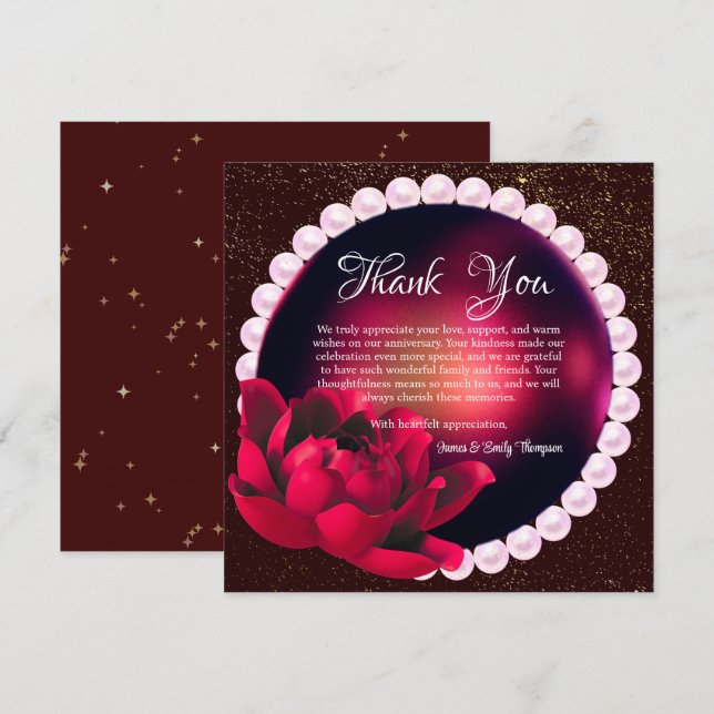Elegante Burgundy Rose Pearl Wedding Anniversary Dankeskarte (Vorne/Hinten)