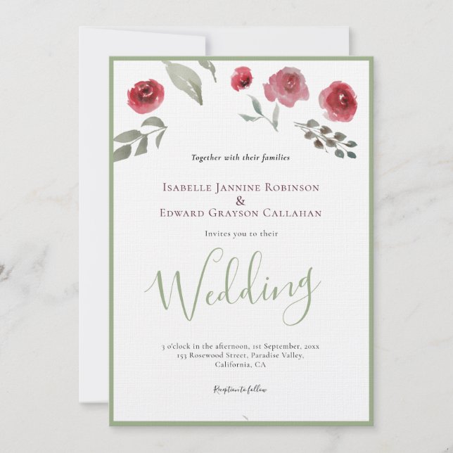Elegante Burgundy Rose & Sage Green Wedding Einladung (Vorderseite)