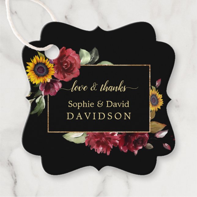 Elegante Burgundy Rose Sonnenblumen Goldene Hochze Geschenkanhänger (Vorderseite)