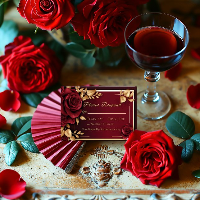 Elegante Burgundy Rote Rose Flamenco Wedding RSVP Karte (Elegant Dark Burgundy and Gold Rose Flamengo Collection RSVP Enclosure Card)