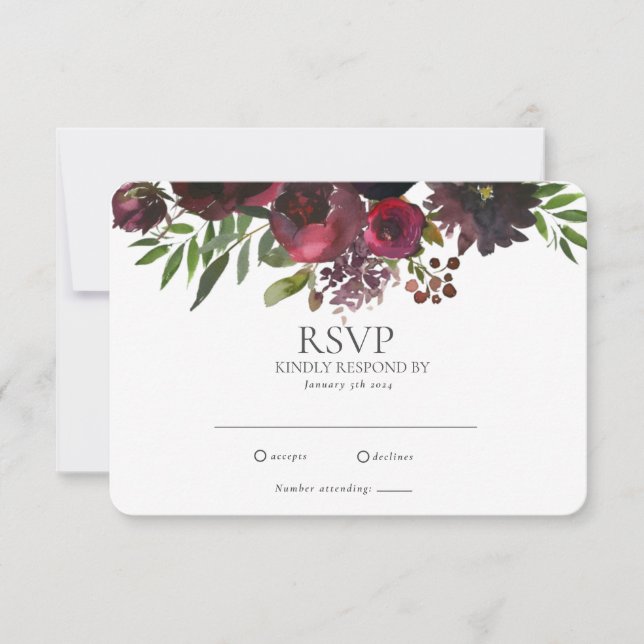 Elegante Burgundy Rote Rose Floral Wedding RSVP Ca Karte (Vorderseite)