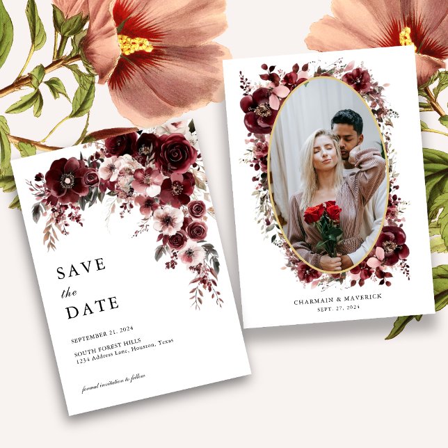 Elegante Burgundy Rote Rose Floral Wedding Save The Date (Von Creator hochgeladen)