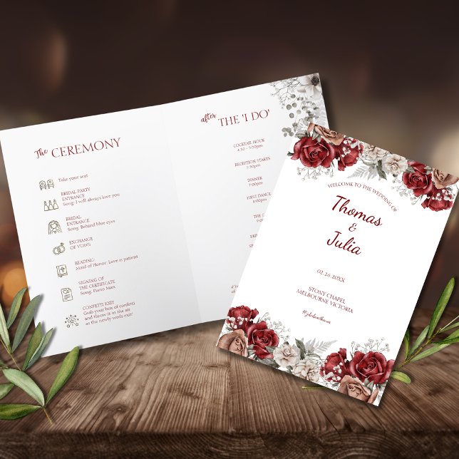 Elegante Burgundy & Silver Blume geklappt Programm (Elegant Burgundy & Silver Flowers Folded Program)