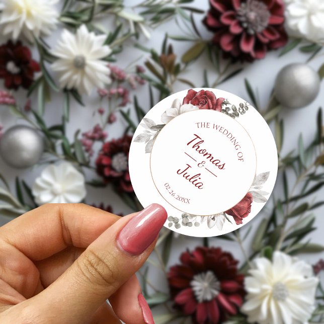 Elegante Burgundy & Silver Floral Wedding Runder Aufkleber (Elegant Burgundy & Silver Floral Wedding Classic Round Sticker)