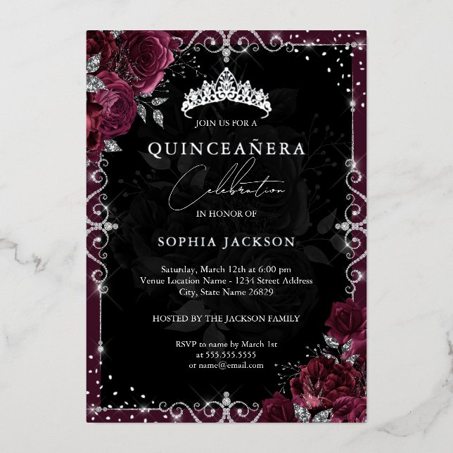 Elegante Burgundy Silver Rose Quinceanera Folieneinladung (Vorderseite)