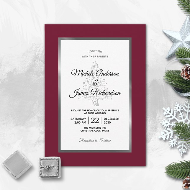 Elegante Burgundy Silver Winter Holiday Wedding Einladung (Von Creator hochgeladen)
