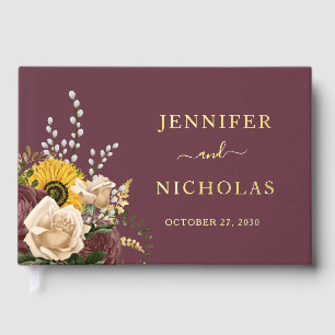 Elegante Burgundy Sonnenblume Hochzeit Gold Gästebuch