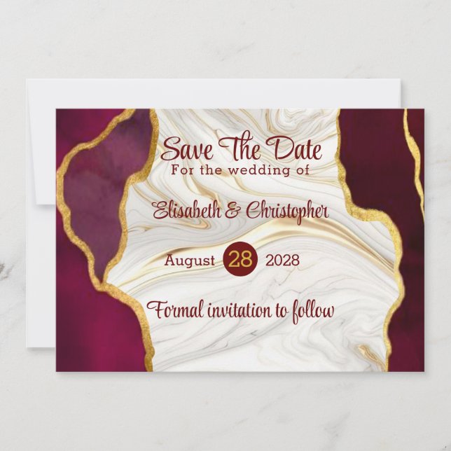 Elegante Burgundy und Gold Agate Save the Date Kar Einladung (Vorderseite)