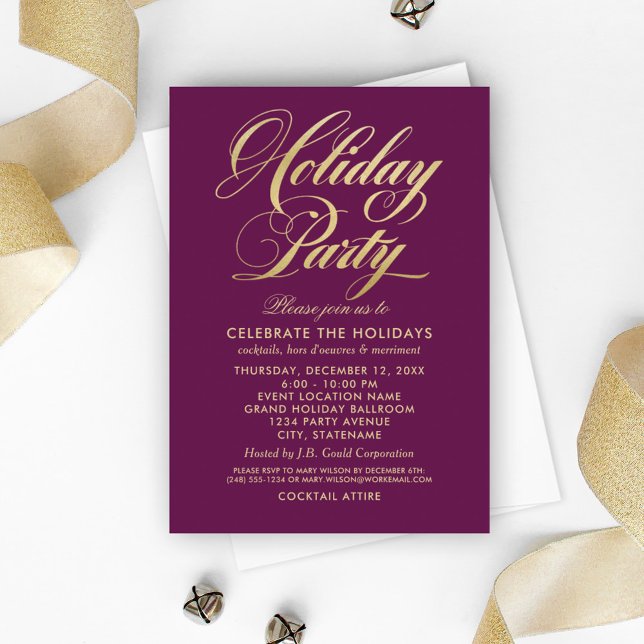 Elegante Burgundy und Gold Script Holiday Party Einladung (Von Creator hochgeladen)