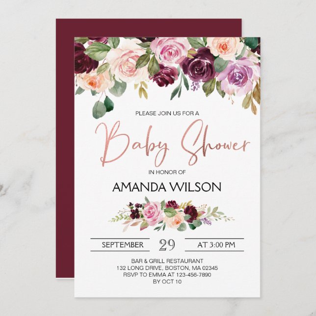 Elegante Burgundy Watercolor Floral Baby Shower Einladung (Vorne/Hinten)