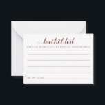 Elegante Burgundy Wedding Bucket List Advisor Card Hinweiskarte<br><div class="desc">Diese zauberhaften Eimerkarten sind eine perfekte Alternative zu einem traditionellen Gästebuch. Sie werden alle Gäste über die besten Ideen für die Neuvermählten sprechen. Diese Bordeaux-Karten enthalten die Wörter "Eimerliste Hilfe bei der Planung eines lebenslangen Abenteuers" und enthalten Platz für ihren Namen und Namen sowie das Hochzeitdatum auf der Rückseite. Teil...</div>
