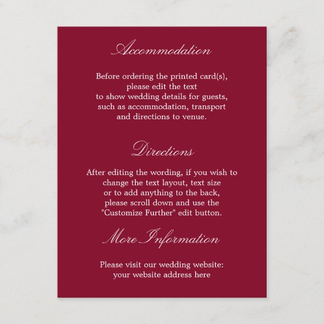 Elegante Burgundy Wedding Details Card Begleitkarte (Vorderseite)
