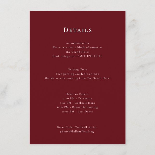 Elegante Burgundy Wedding Schedule Enclosure Card Begleitkarte (Vorderseite)