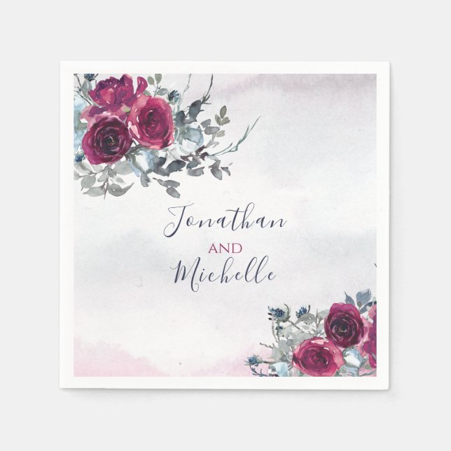 Elegante Burgundy White and Blue Rose Hochzeit Serviette (Vorderseite)