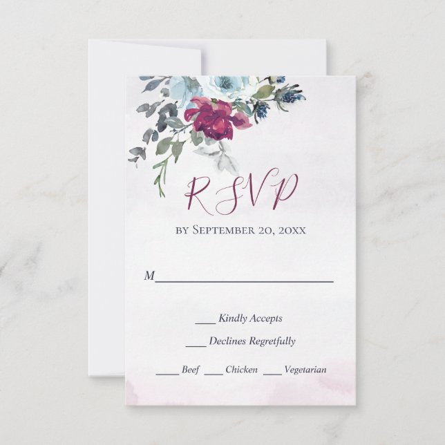 Elegante Burgundy White and Blue Rose Wedding RSVP (Vorderseite)