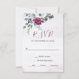 Elegante Burgundy White and Blue Rose Wedding RSVP Karte