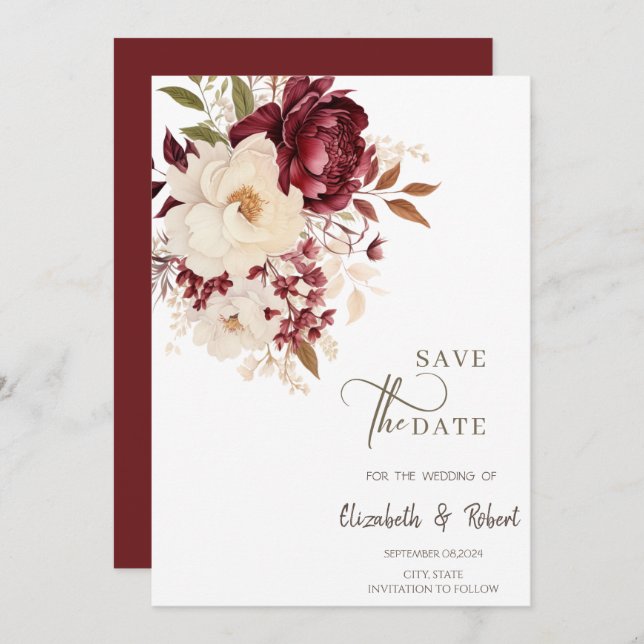 Elegante Burgundy White Blume Save the Date (Vorne/Hinten)
