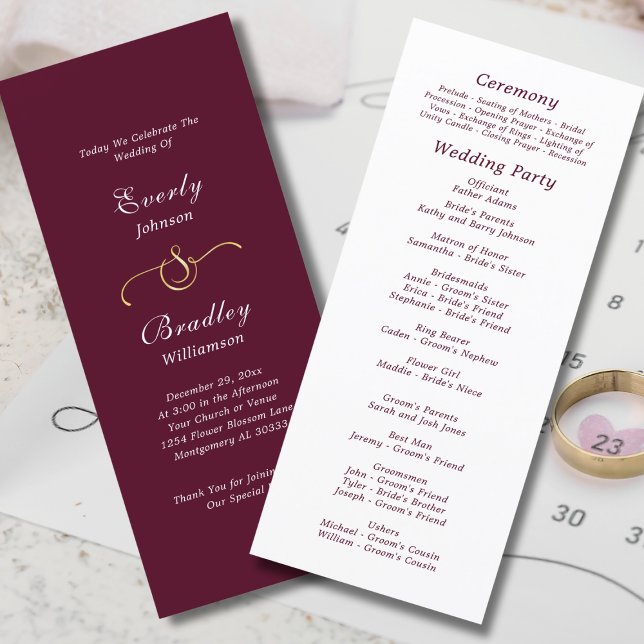 Elegante Burgundy White Script Herbst Winter Weddi Programm (Von Creator hochgeladen)