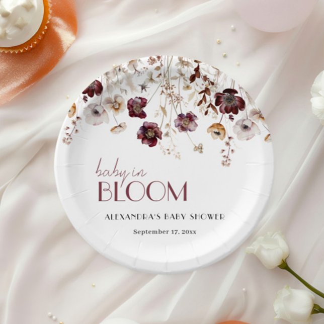 Elegante Burgundy Wildblumen Girl Baby Shower Pappteller (Von Creator hochgeladen)