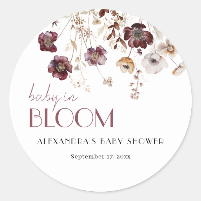 Elegante Burgundy Wildblumen Girl Baby Shower Runder Aufkleber (Vorderseite)