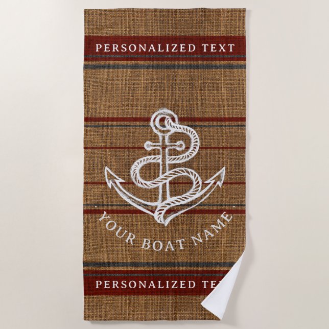 Elegante Burlap Anchor Nautical Boat Name Custom Strandtuch (Vorderseite)