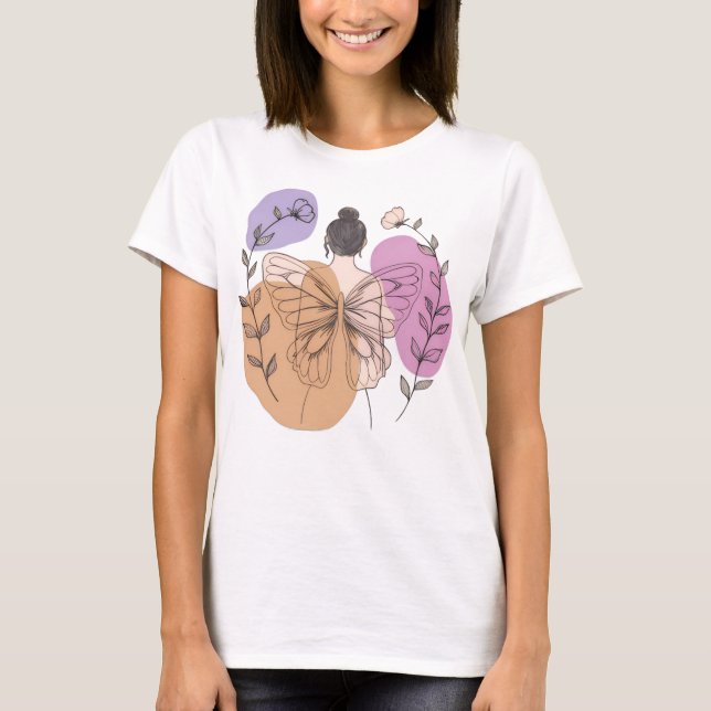 Elegante Butterfly Fairy Foman Line Art T-Shirt (Vorderseite)