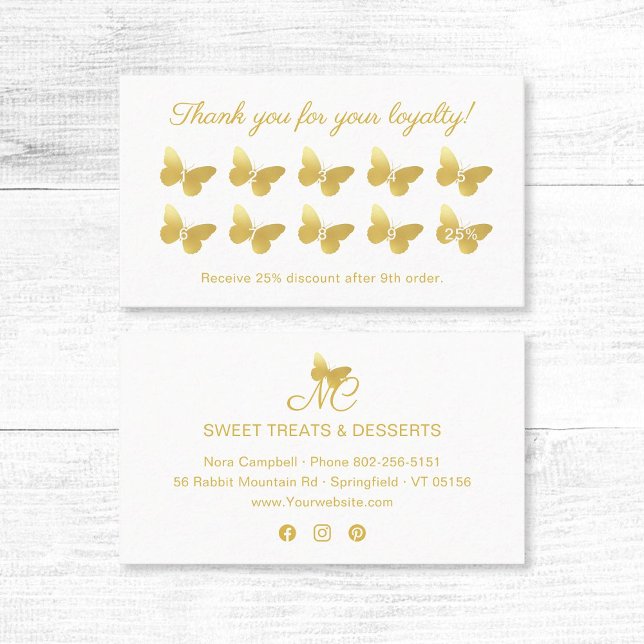 Elegante Butterfly Monogram Gold Danke für Ihre Ar Treuekarte (Elegant, gold butterfly monogram thank you for your loyalty card with social media icons.)