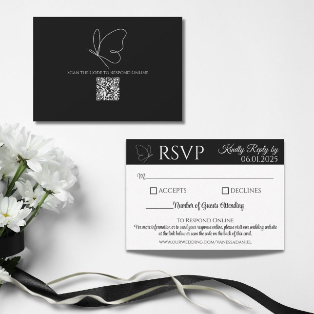 Elegante Butterfly Response Card | QR-Code RSVP Karte (Provide guests with an elegant and functional RSVP response card. Featuring your QR code on the back)
