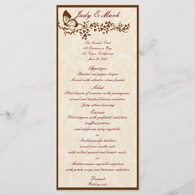 Elegante Butterfly Wedding Menu Card Menükarte (Vorderseite)