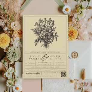Elegante Buttergelbe Vintage-Blumenlabel-Hochzeit Einladung