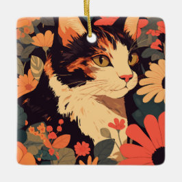Elegante Calico Katze im Blumengarten Keramikornament