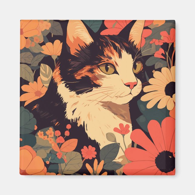 Elegante Calico Katze im Blumengarten Magnet (Vorne)