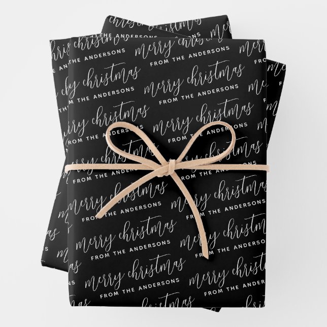 Elegante Calligrafie Frohe Weihnachtsfamilie Black Geschenkpapier Set (Beispiel)
