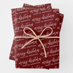 Elegante Calligrafie Frohe Weihnachtsfamilie Red Geschenkpapier Set