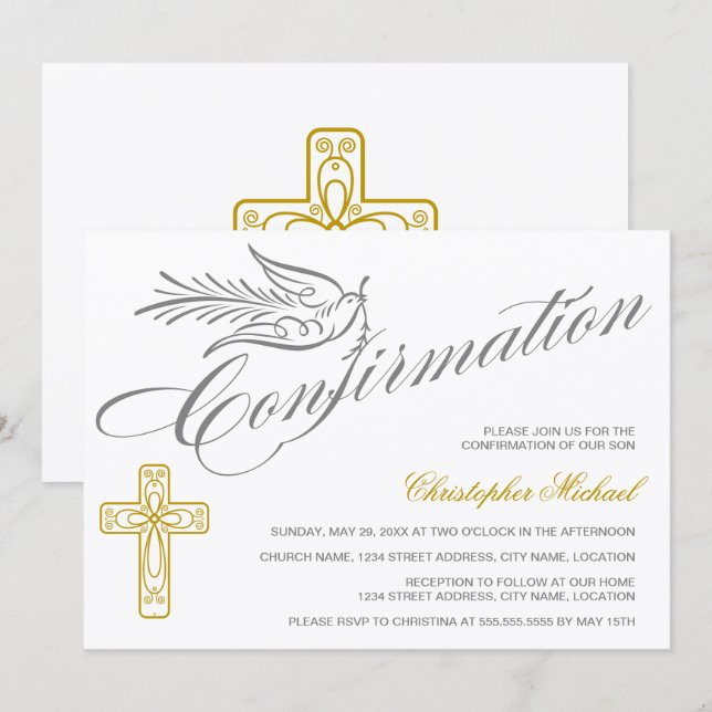 Elegante Calligrafy Cross and Dove Bestätigung Einladung (Vorne/Hinten)