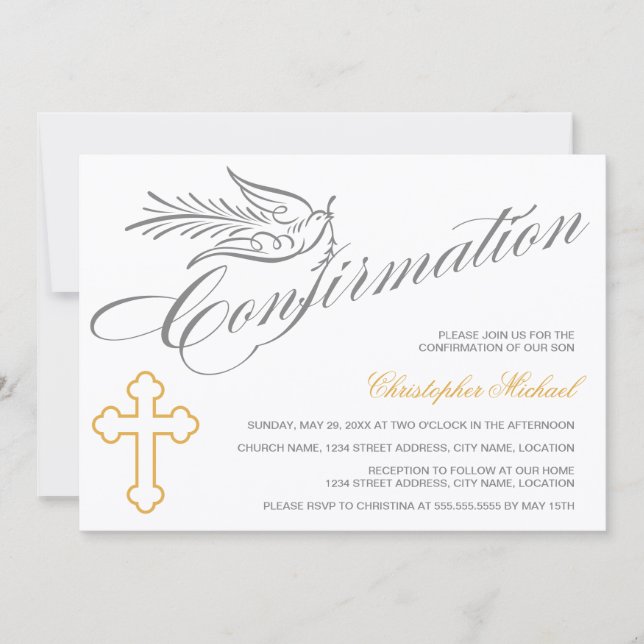 Elegante Calligrafy Cross and Dove Bestätigung Einladung (Vorderseite)