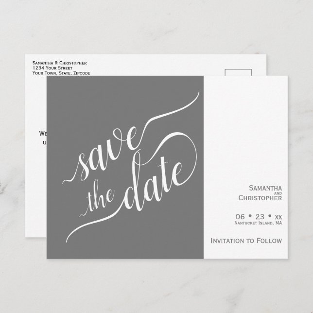 Elegante Calligrafy Gray Wedding Save the Date Ankündigungspostkarte (Vorne/Hinten)