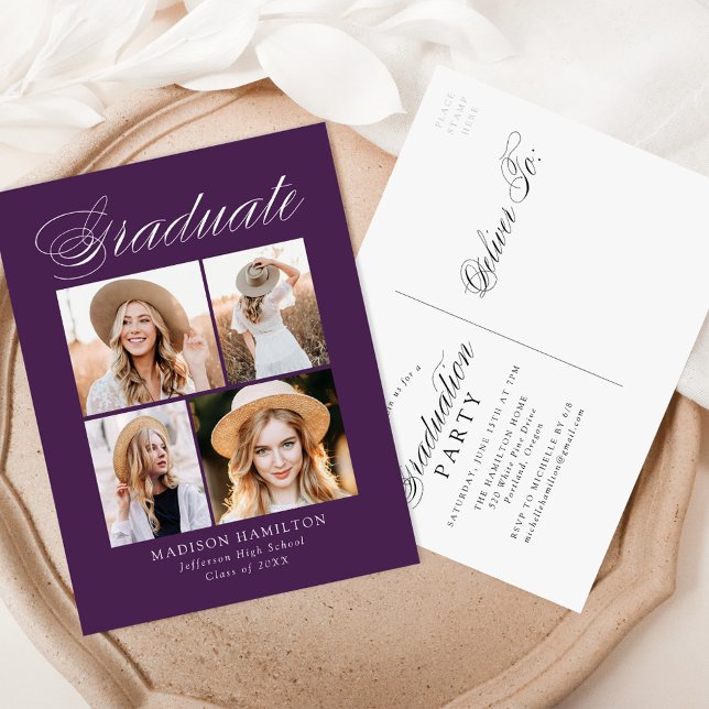 Elegante Calligrafy Lila Foto Graduation Party Einladungspostkarte (Von Creator hochgeladen)