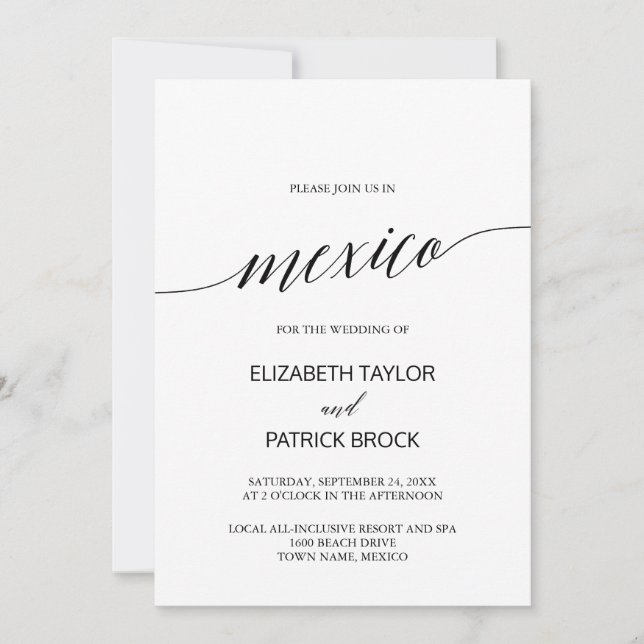 Elegante Calligrafy Mexico Hochzeit in Urlaubsort Einladung (Vorderseite)