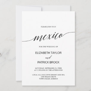 Elegante Calligrafy Mexico Hochzeit in Urlaubsort Einladung