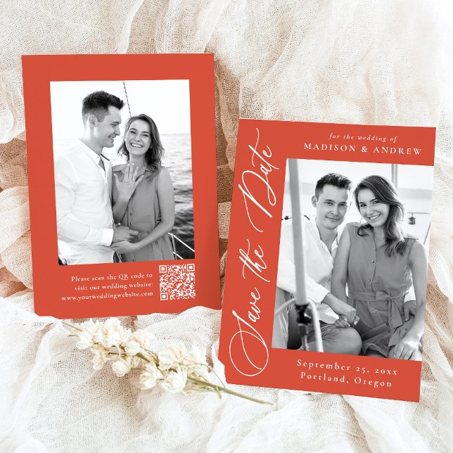 Elegante Calligrafy Orange Foto QR Code Hochzeit Save The Date (Von Creator hochgeladen)