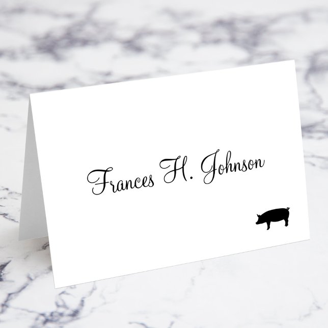 Elegante Calligrafy Pork Entree Choice Platzkarten Tischnummer (Elegant Calligraphy Pork Meal Choice Place Cards)